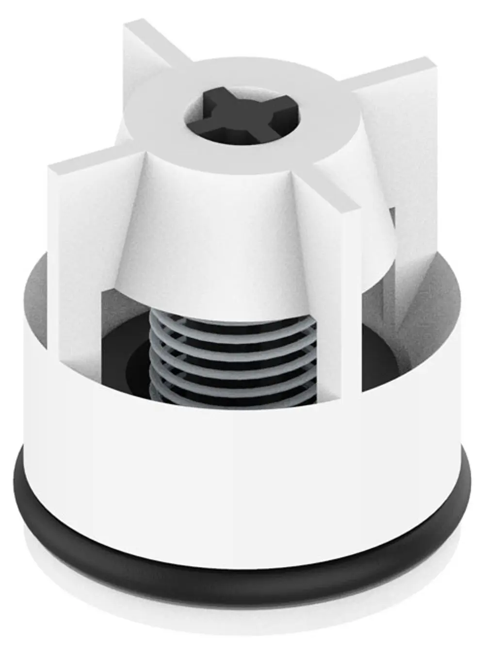Weißer Rückflussverhinderer von Keuco mit einem zylindrischen Körper, einem inneren Gewinde und einer Gummidichtung am Boden, geeignet für Installationen in Sanitärsystemen.